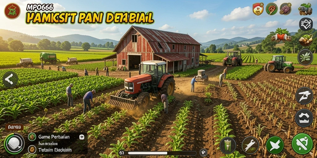 Tampilan seru dari gameplay pertanian di MPO666 dengan berbagai aktivitas.