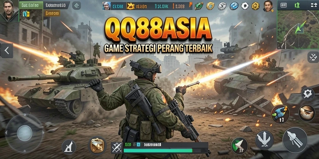 Screenshot gameplay QQ88ASIA menunjukkan pertempuran strategi yang mendebarkan.